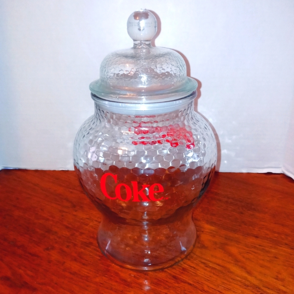 Vintage Coca Cola coke clear glass candy cookie jar canister with lid beautiful!